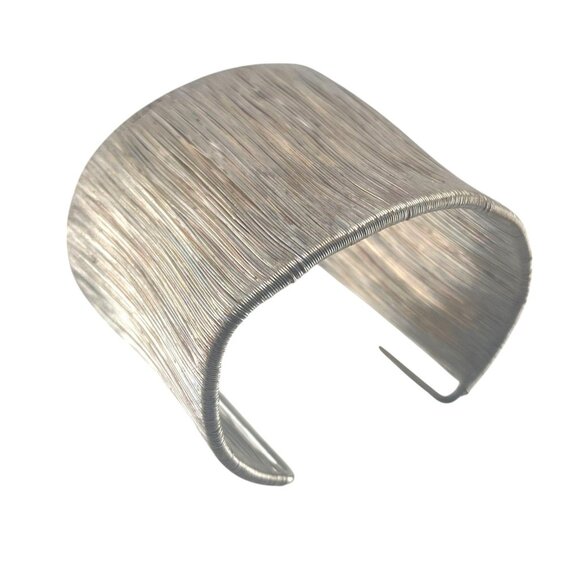 Hollywood Sensation Silver Wire 1980s Cage Cuff Bangle BraceletWide Textured Sil - Picture 4 of 8